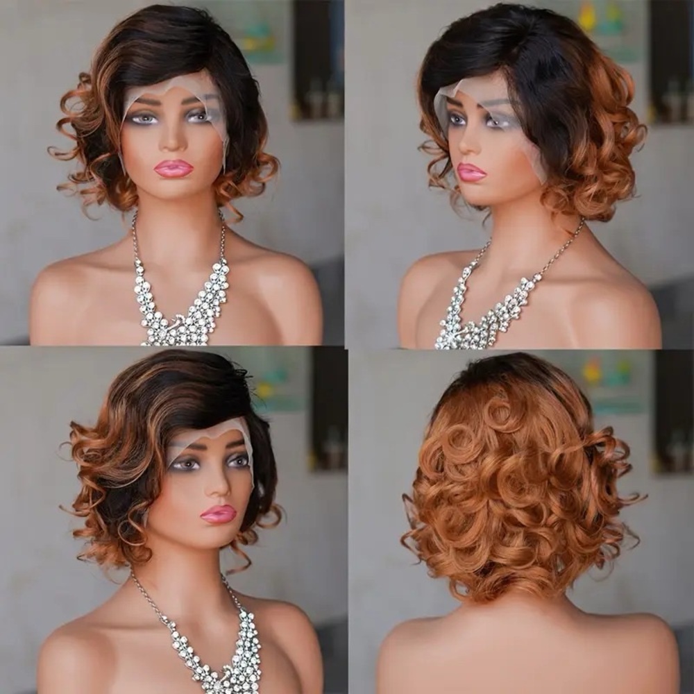13x4 180% Density Pixie Cut 1B/4/30 Short Curly Lace Frontal Human Hair Wig, 10”